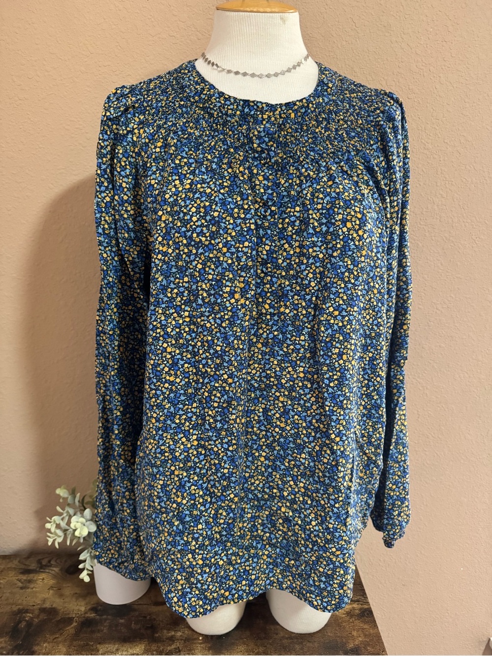 croft & barrow Navy Blue and Yellow Floral Long Sleeve Blouse